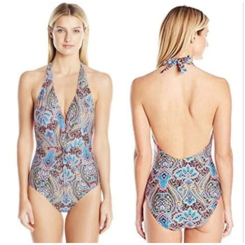 Jantzen Vibrant Paisley Halter Plunge One Piece Swimsuit 14 NWT
